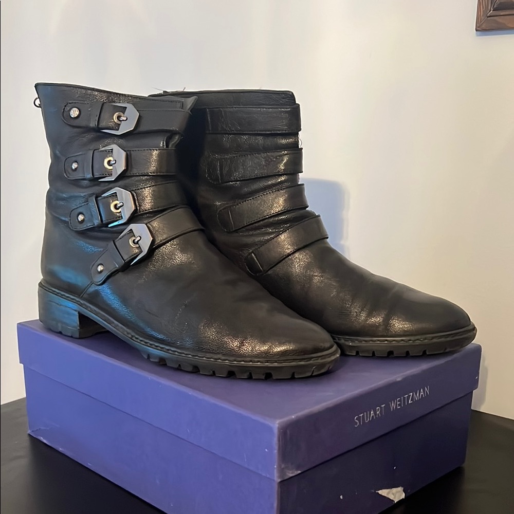 Stuart Weitzman Black Multi-Buckle Leather Boots